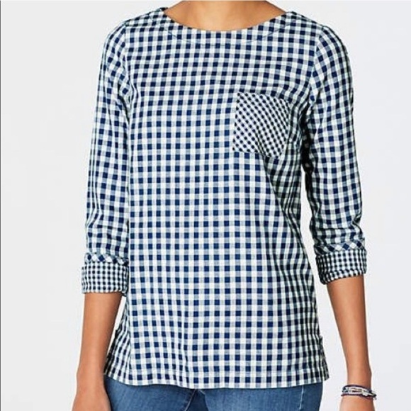 J. Jill indigo gingham button back long sleeve top SZ LG - Picture 1 of 7